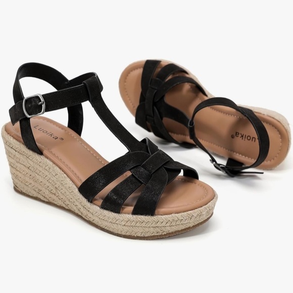 NEW Luoika Wide Width Wedge Sandals, Platform Ankle Strap Open Toe Espadrille - Picture 4 of 8